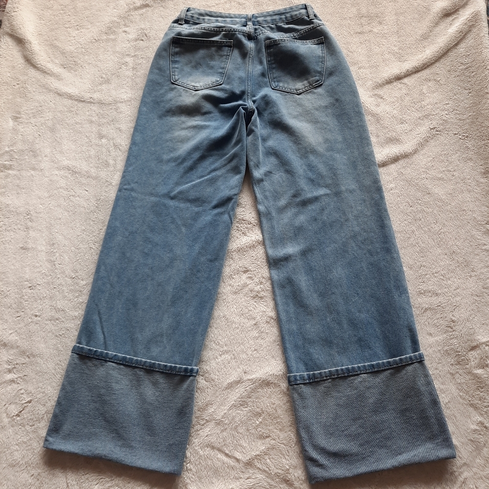 Wide Leg Blue Jeans Mega Cuff By Shein Size 28/30 Mid-High Rise Light Wash - Picture 9 of 14